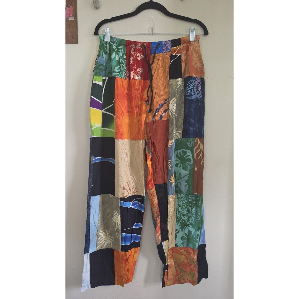 VTG Patchwork Pants Boho Hippie Festival Wide Leg Baggy Colorful Cotton S